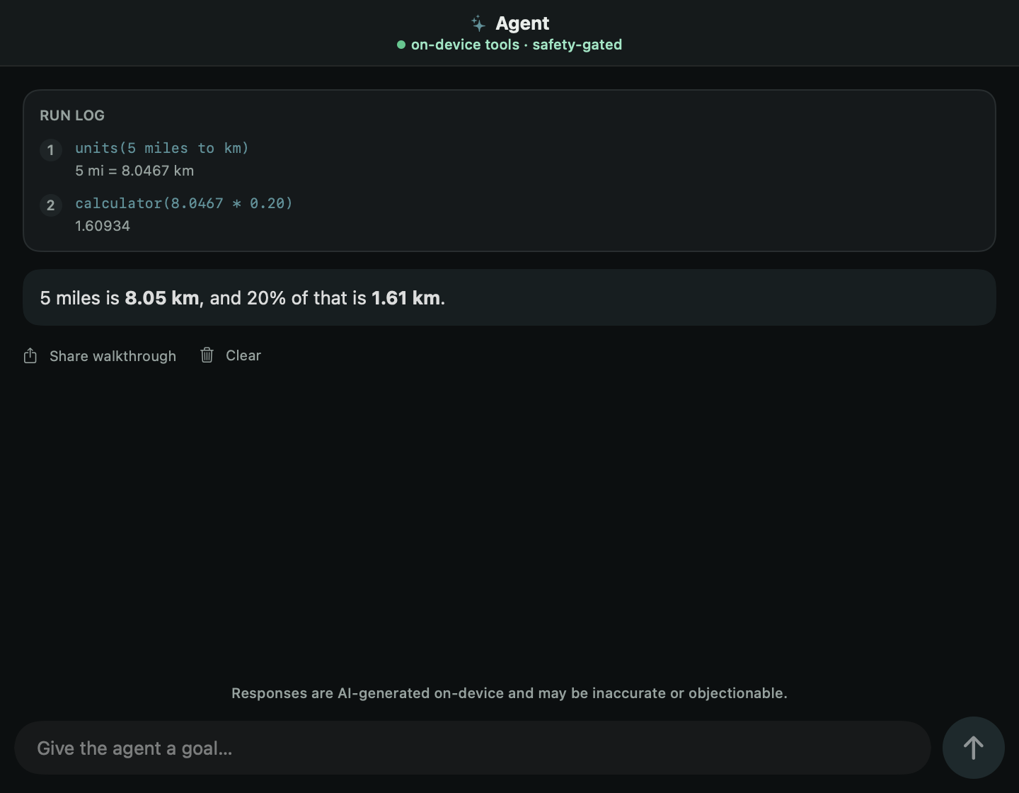The agent's run log: numbered tool calls (unit converter, calculator) and the final answer