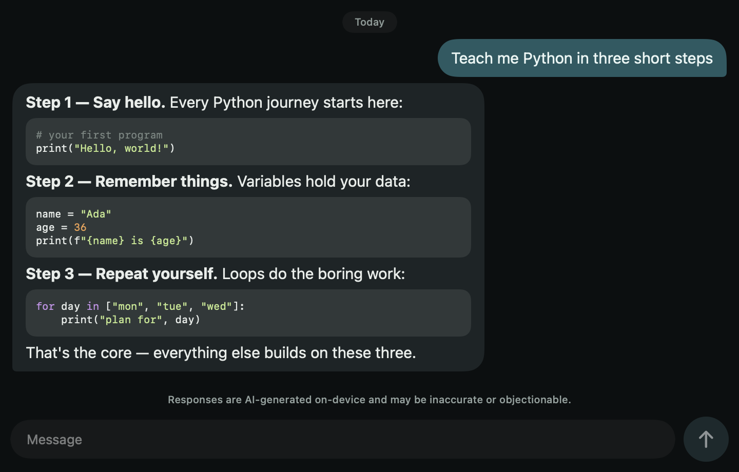 The actual Quenderin app answering a Python question fully on-device, with syntax-highlighted code