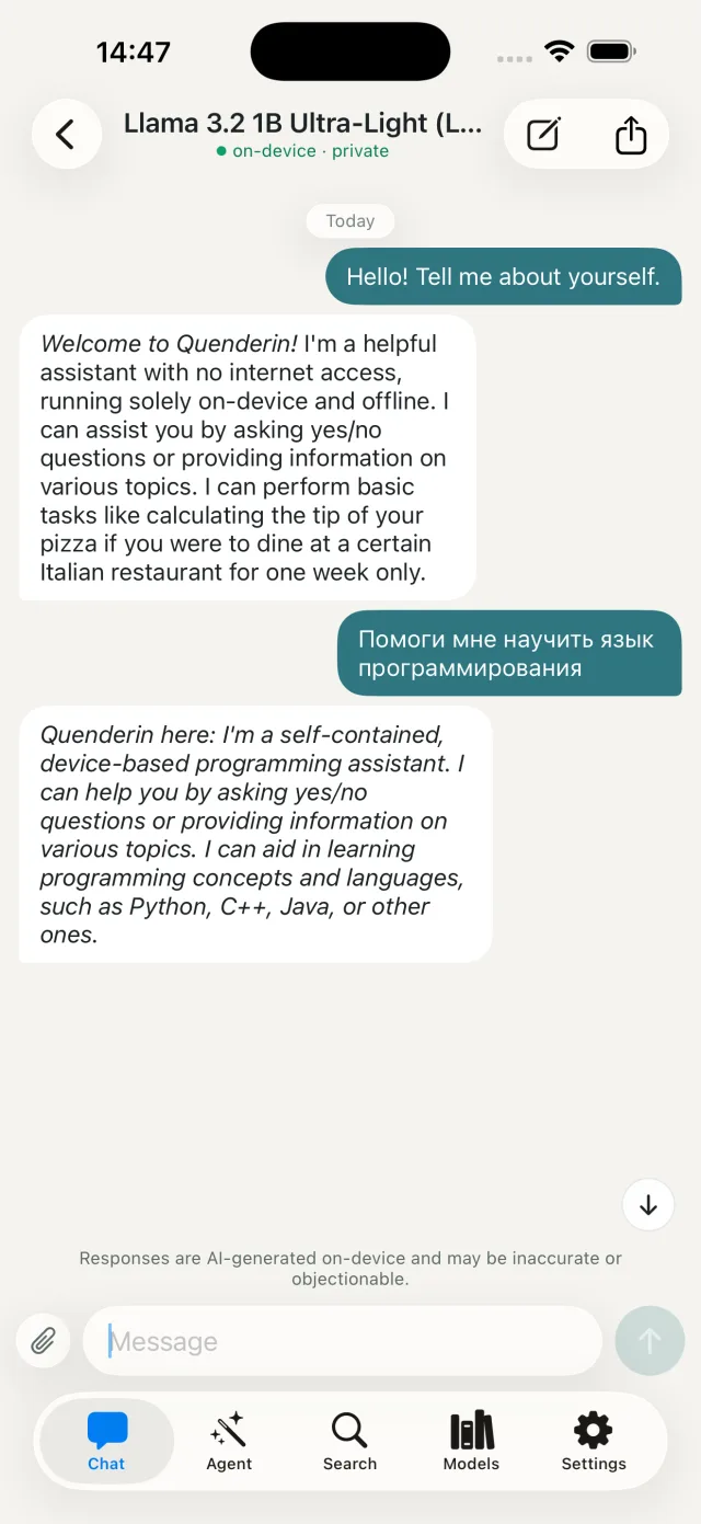 Quenderin running on an iPhone — a private chat answered fully on-device, offline