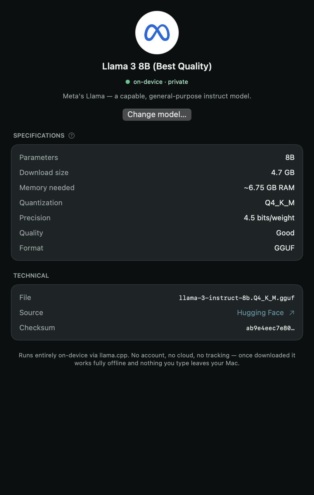 The model profile: parameters, download size, memory, quantization — with a plain-language glossary behind one help button